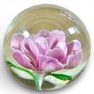 Lillian Vernon Glass Paperweight Pink Flower Clear Round Decorative 2.5"